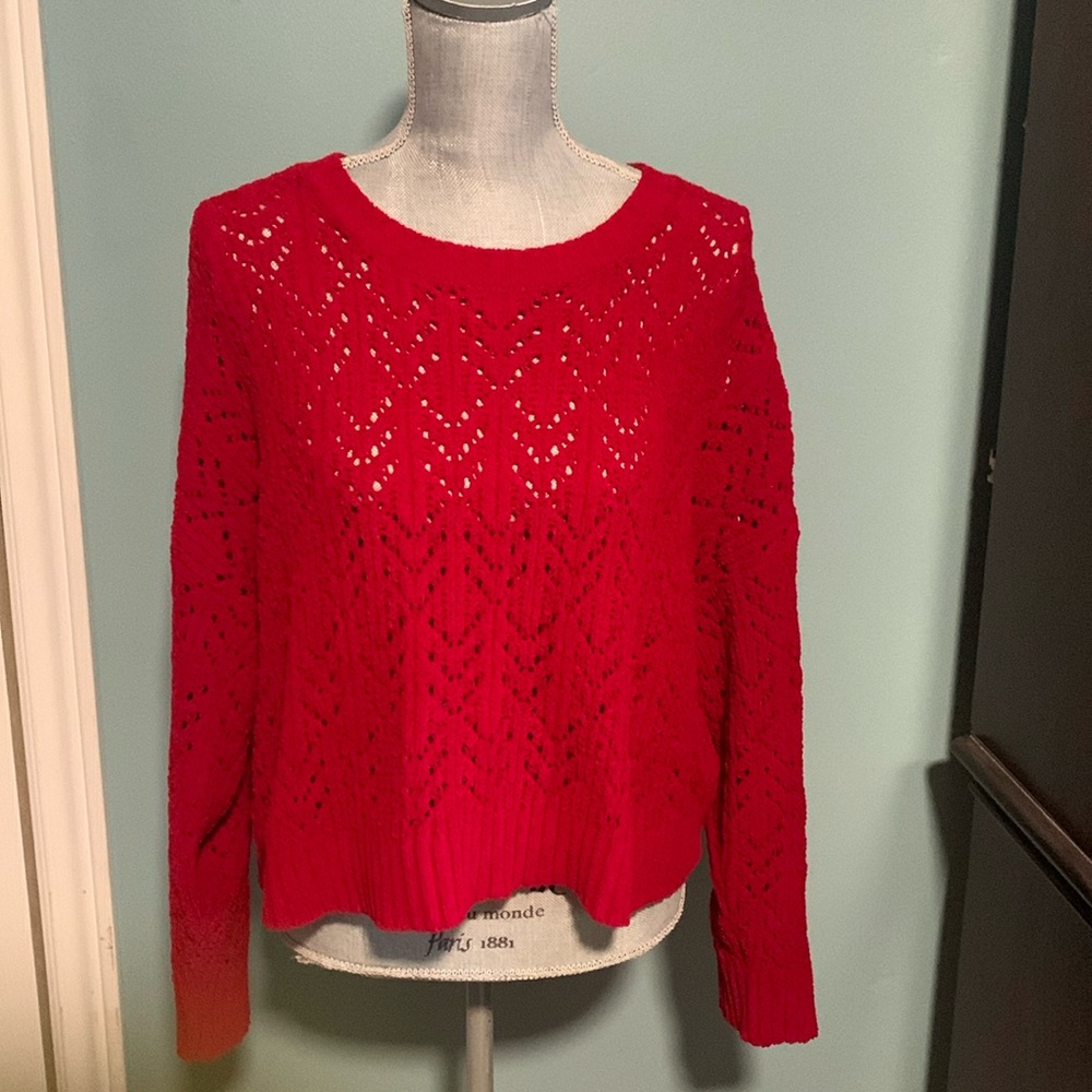 American Eagle Outfitters Red Open-Knit Crewneck Sweater